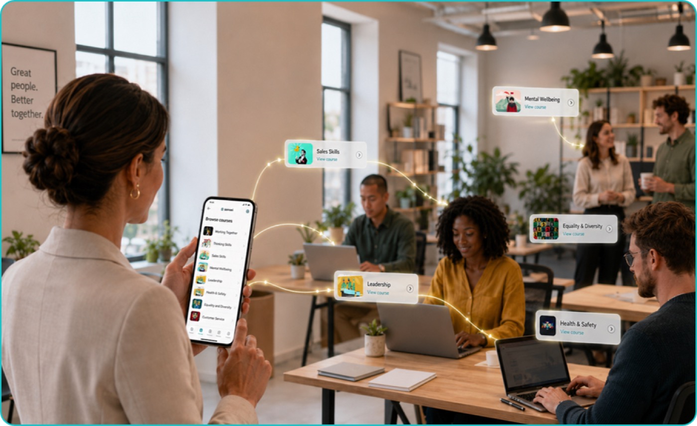 Delivery partner sending courses to clients on mobile in the workplace